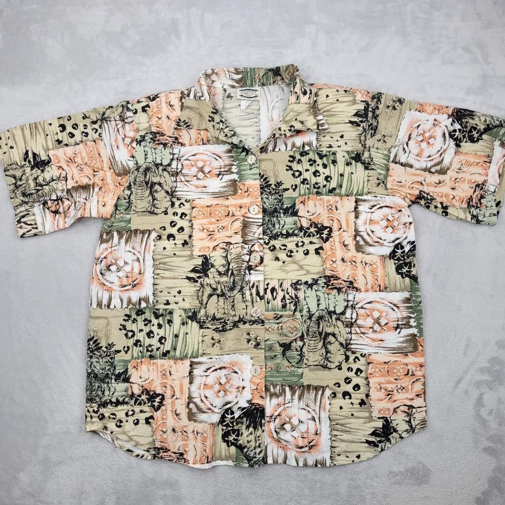 Separate Issue‎ Top Women 18W Button Up Blouse Shirt Geo Patchwork Elephant Lion